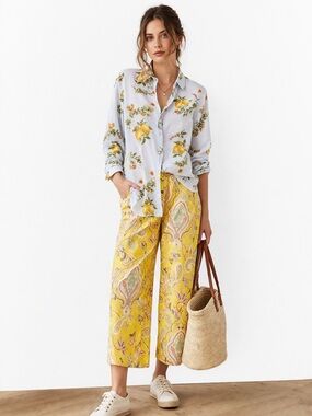 Desigual Lemon Print Button Front Cotton Shirt Blue Size XS